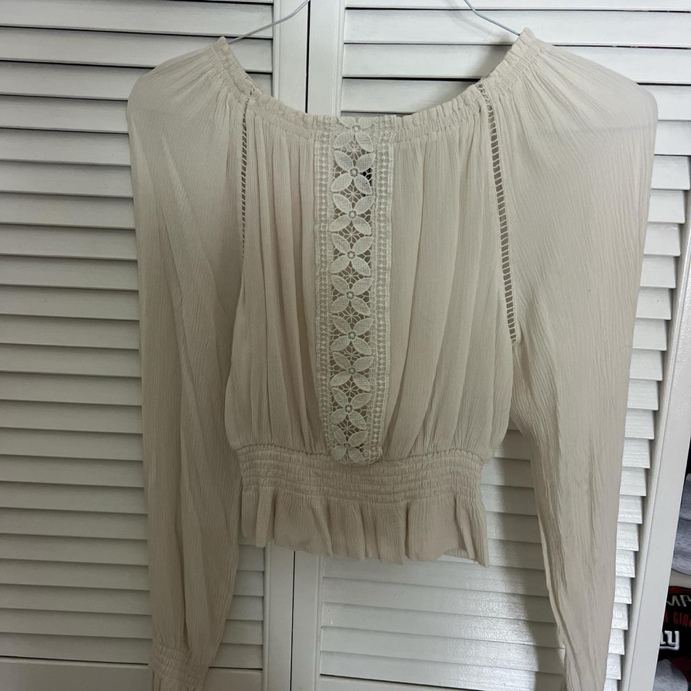 Divided Cream Lace-Trim Smocked Waist Blouse
